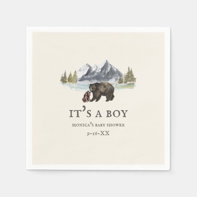 Servilleta De Papel Montañas Bears It's a Boy Baby Shower (Anverso)