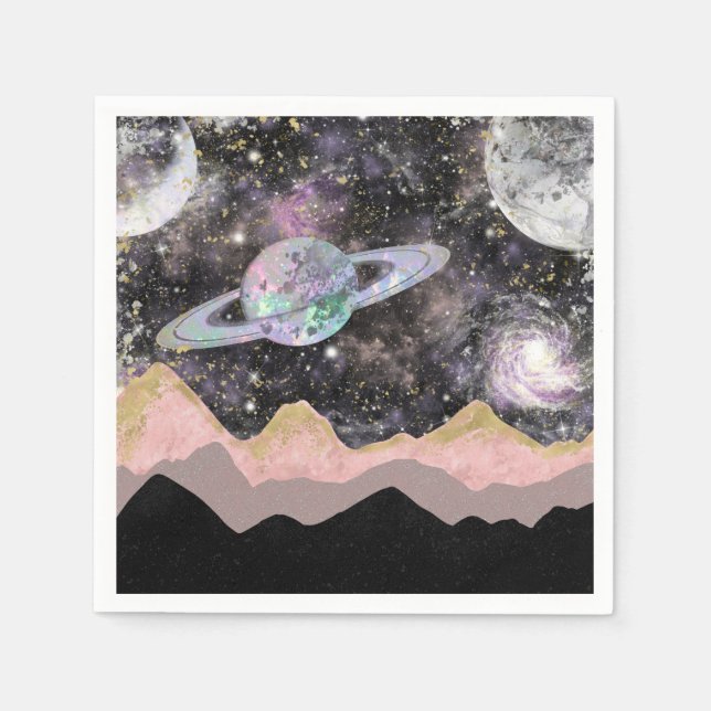 Servilleta De Papel Montañas Espaciales Planetas Galaxia Gold Starry S (Anverso)