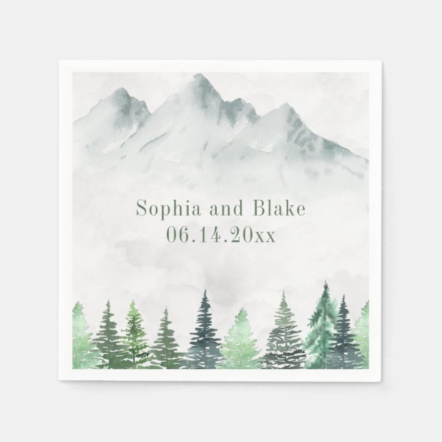 Servilleta De Papel Montañas rusticas y Boda de acuarela forestal (Anverso)