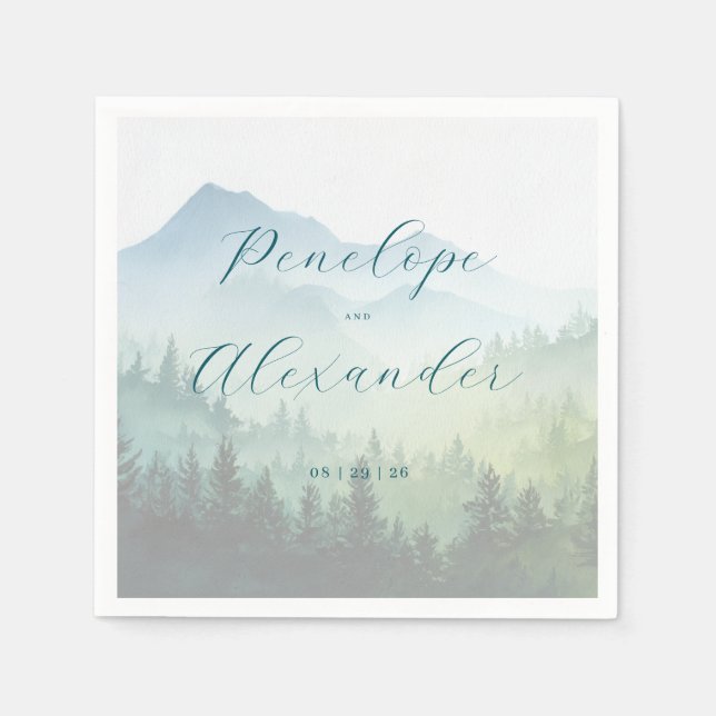 Servilleta De Papel Montañas Tranquilas de Acuarela Verde (Anverso)