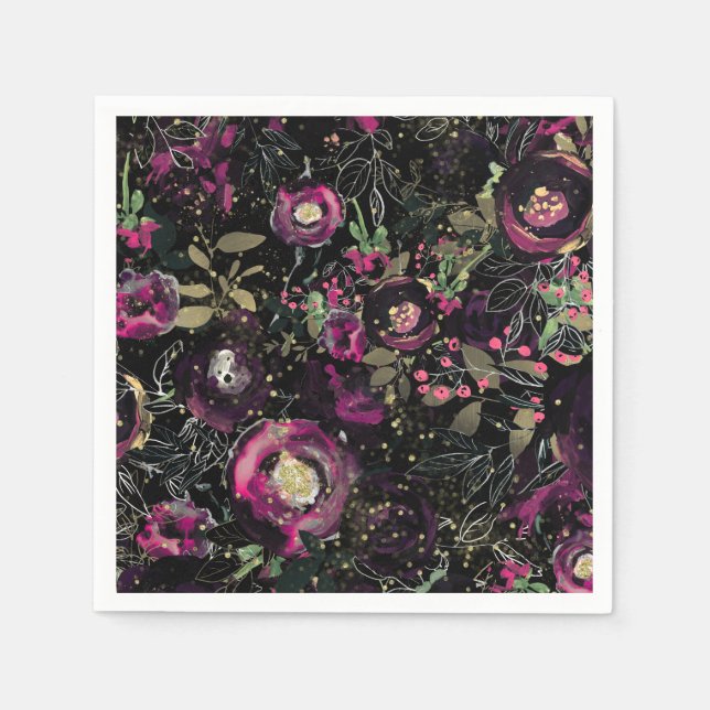 Servilleta De Papel Moody Berry Plum Sparkle Floral Moderno (Anverso)