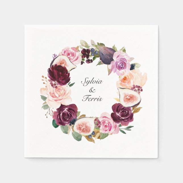 Servilleta De Papel Moody Purple Floral y Fig Wreath Names Boda (Anverso)