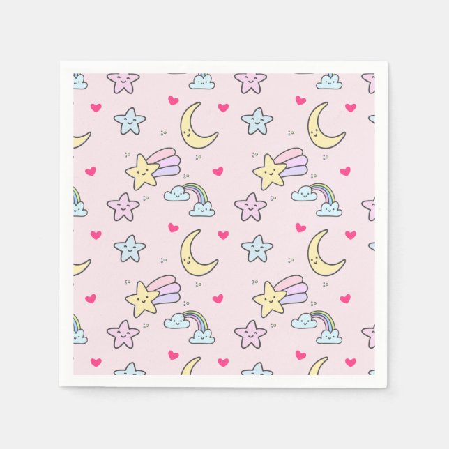Servilleta De Papel Moon, estrellas y nubes patrón en rosa (Anverso)