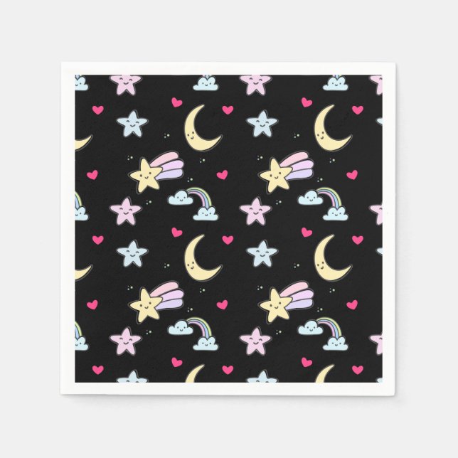 Servilleta De Papel Moon, Stars and Clouds Pattern on Black (Anverso)