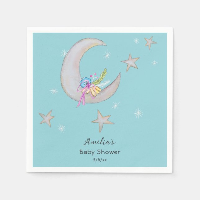 Servilleta De Papel Moon Stars Floral Aqua Blue Hand Drake Baby Shower (Anverso)