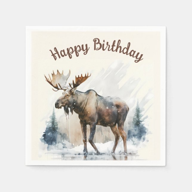 Servilleta De Papel Moose acuarela de invierno - Fiesta de cumpleaños  (Anverso)