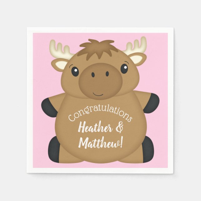 Servilleta De Papel Moose Baby Shower Pink (Anverso)