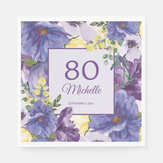 Servilleta De Papel Morado Amarillo Floral 80 cumpleaños (Anverso)