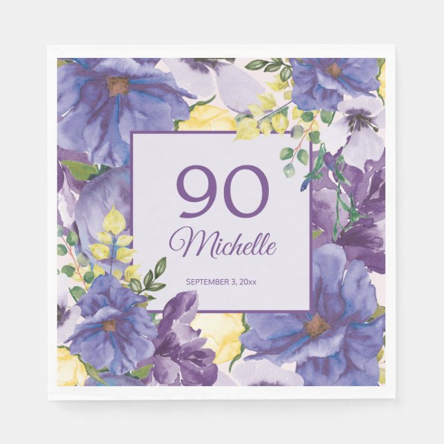 Servilleta De Papel Morado Amarillo Floral 90 cumpleaños (Anverso)