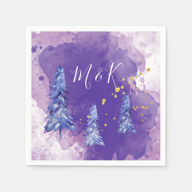 Servilleta De Papel Morado Árbol de Navidad Golden Snowflakes (Anverso)