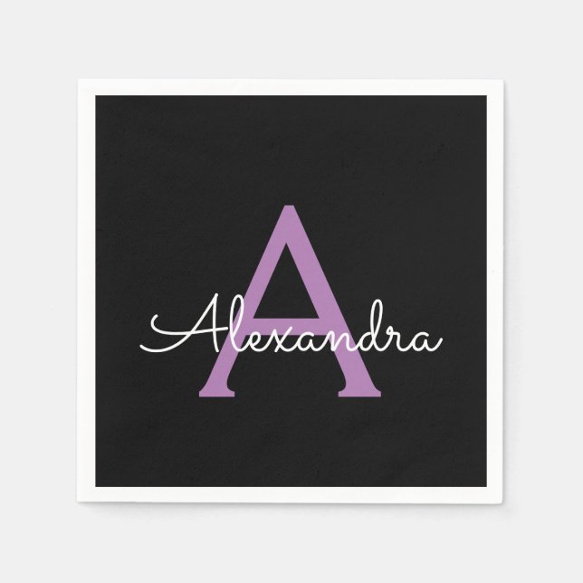Servilleta De Papel Morado Black Script Girly Monograma Nombre (Anverso)
