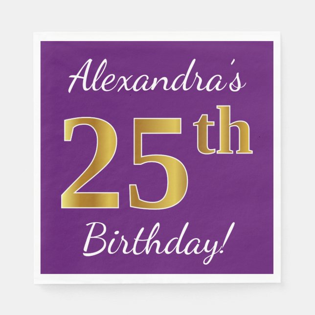 Servilleta De Papel Morado, Faux Gold 25th Birthday + Nombre personali (Anverso)