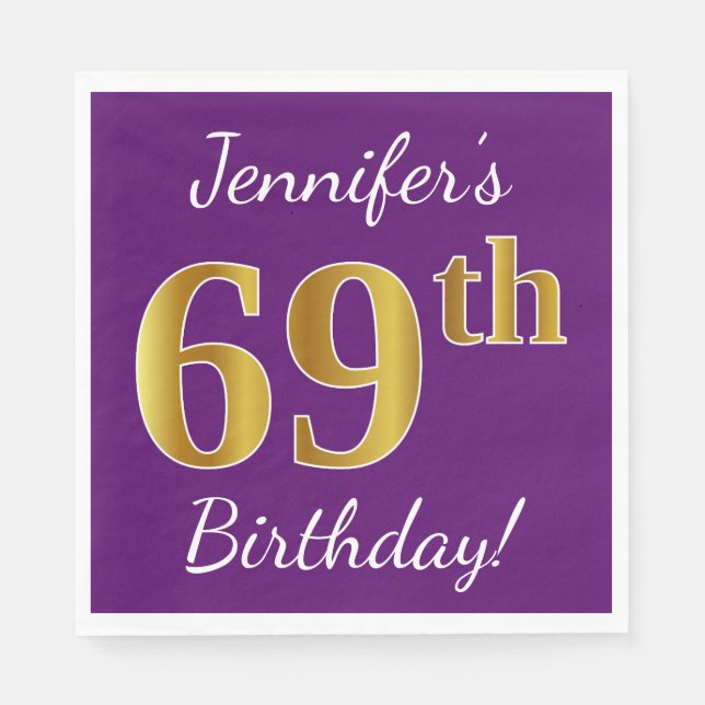 Servilleta De Papel Morado, Faux Gold 69th Birthday + Nombre personali (Anverso)