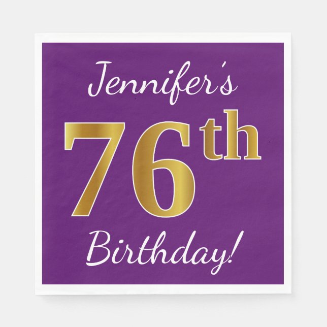 Servilleta De Papel Morado, Faux Gold 76th Birthday + Nombre personali (Anverso)