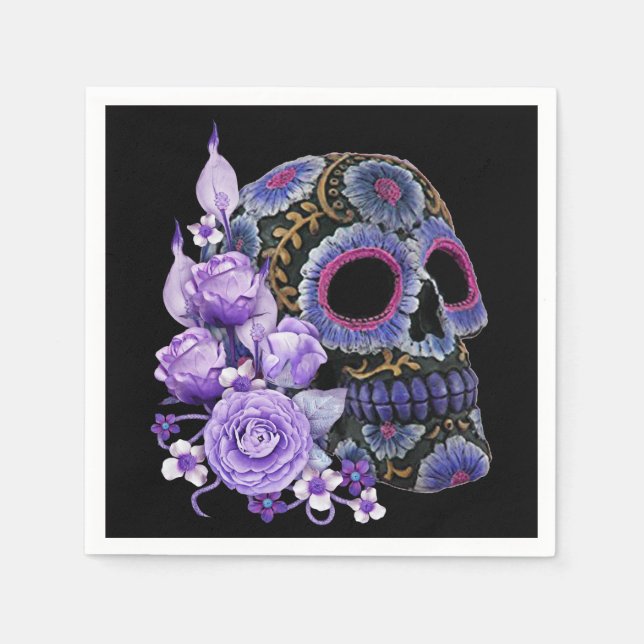 Servilleta De Papel Morado Floral Black Sugar Skull Día De Los Muertos (Anverso)