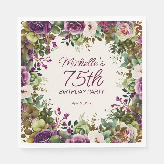 Servilleta De Papel Morado Floral Verde Sale 75 cumpleaños (Anverso)