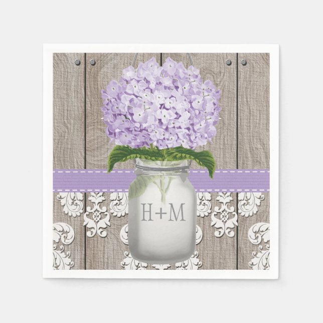 Servilleta De Papel Morado Monogramado Hydrangea Mason Jar (Anverso)