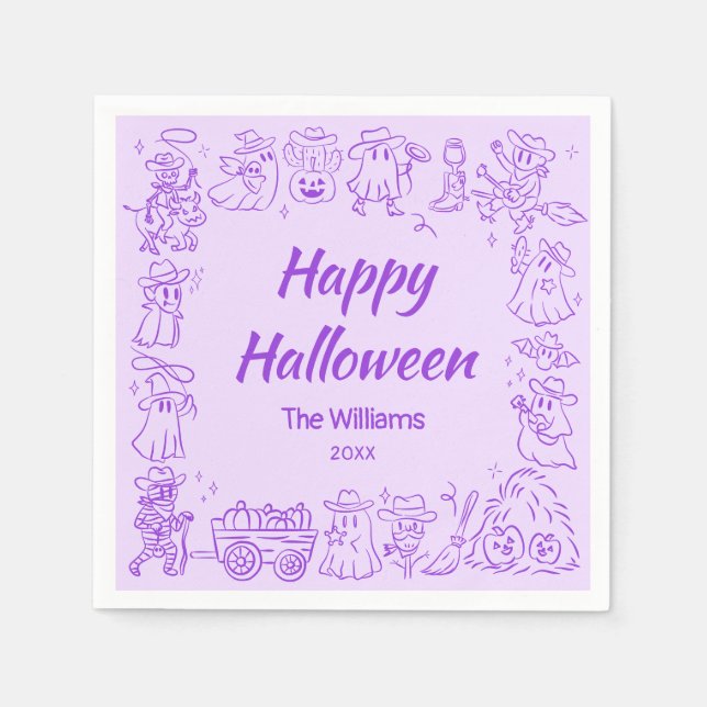 Servilleta De Papel Morado Quirky Mano Dibujando Doodles Feliz Hallowe (Anverso)
