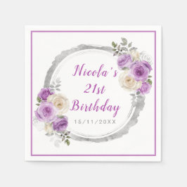 Servilleta De Papel Morado y Plata Flores Elegantes Cumpleaños