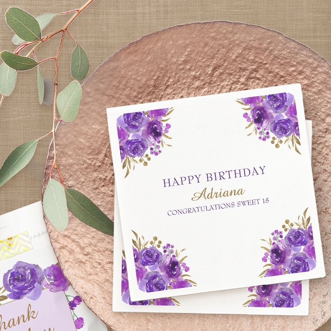 Servilleta De Papel Morple Floral y Gold Leaf feliz cumpleaños Fiesta (Purple floral cocktail napkins from my Rose and Gold Leaf quinceanera collection)