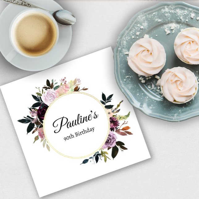 Servilleta De Papel Morple Mauve Rosa Floral 90 cumpleaños (Need more matching party supplies? Message me!)