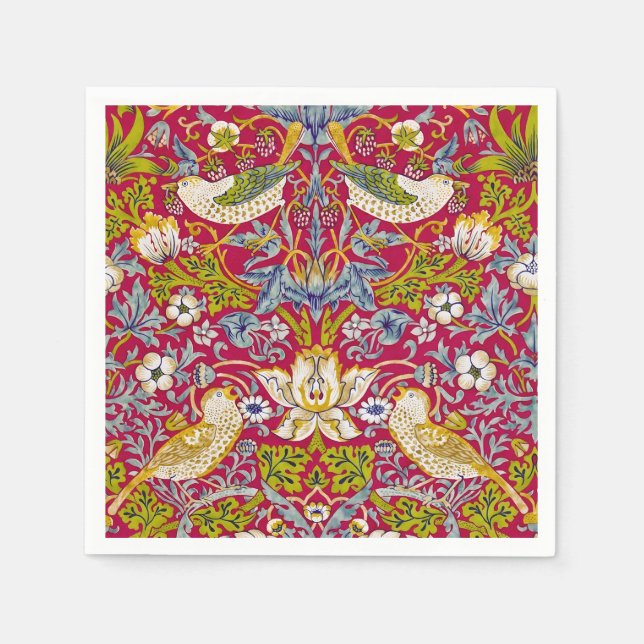 Servilleta De Papel Morris Red Background Strawberry Thief Pattern (Anverso)