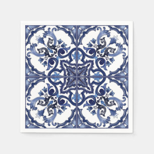 Servilleta De Papel Mosaico Italiano de Mayólica Siciliana Azul y Blan