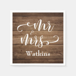 Servilleta De Papel "Mr and Mrs" Elegant White Script on Rustic Wood