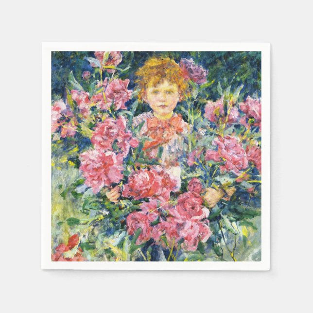 Servilleta De Papel Muchacho con flores de peonía rojas (por Robert Re (Anverso)