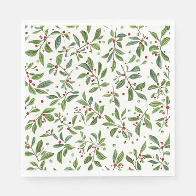 Servilleta De Papel Muérdago Alegre Acuarela Rojo y Blanco (Anverso)