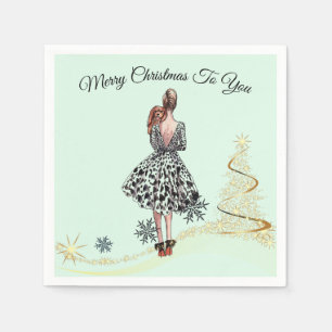 Servilleta De Papel Mujer añeja de 1950 con árbol de Navidad dorado