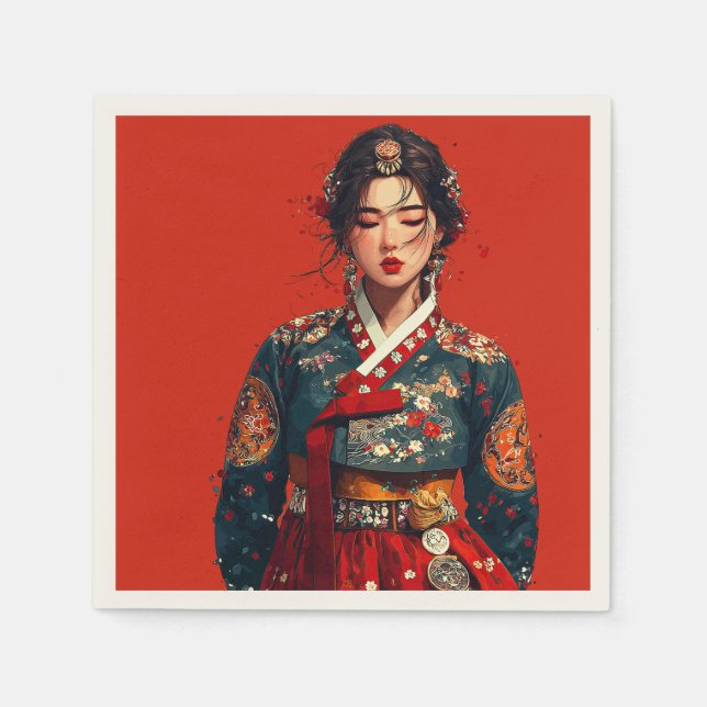 Servilleta De Papel Mujer coreana moderna en retrato de Hanbok (Anverso)