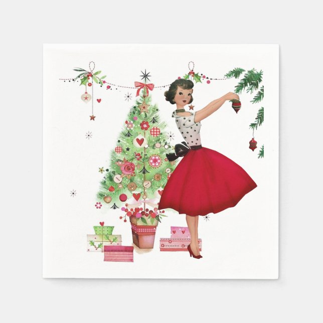 Servilleta De Papel Mujer de Navidad de 1950 con árbol de Navidad (Anverso)