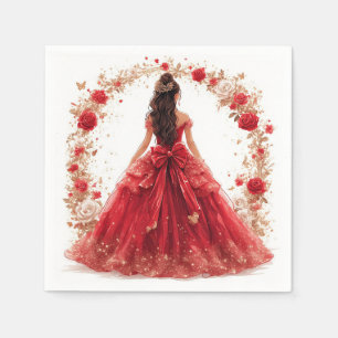 Servilleta De Papel Mujer elegante con un vestido rojo rodeada de rosa
