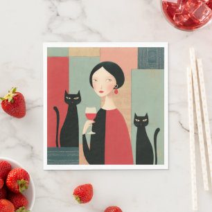 Servilleta De Papel Mujer elegante gatos negros y vino