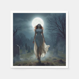 Servilleta De Papel Mujer Hermosa Caminando en un Cementerio Iluminado