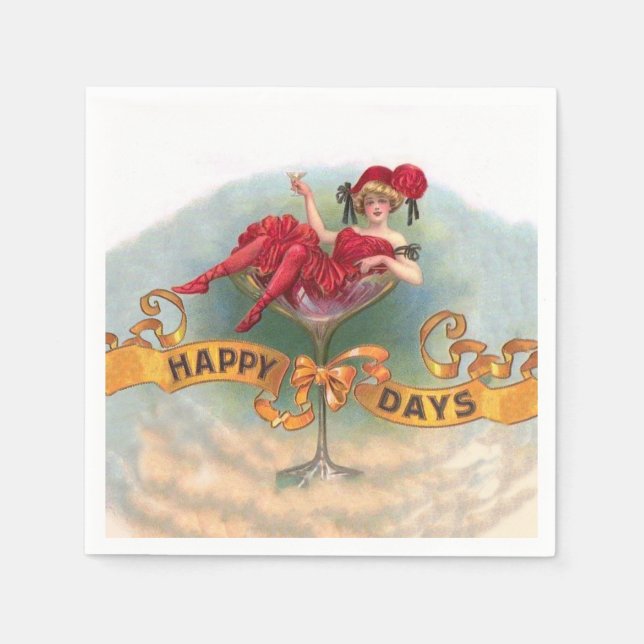 Servilleta De Papel Mujer Victoriana Feliz con Champán Rojo (Anverso)