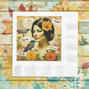 Servilleta De Papel Mujer Vintage Hermosa con Pájaros y Flores