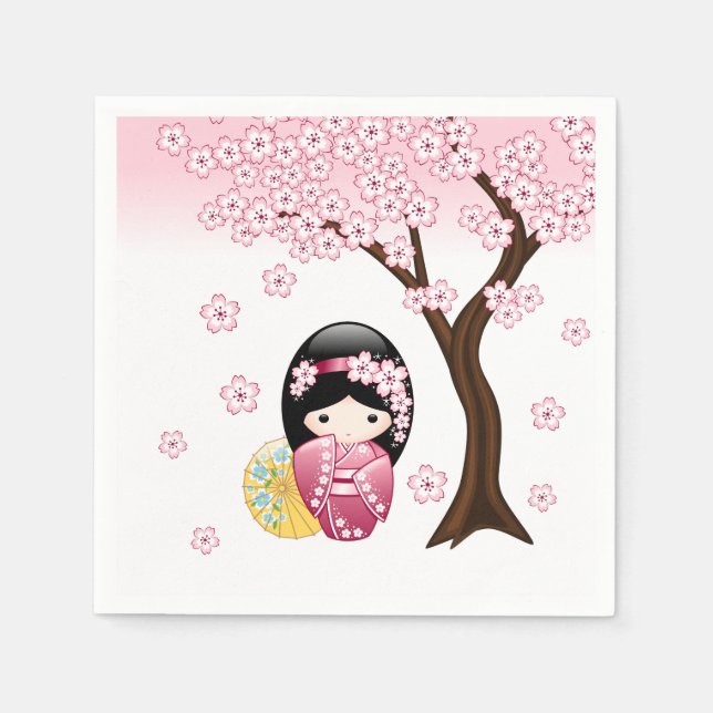 Servilleta De Papel Muñeca Kokeshi de primavera - Chica Geisha japonés (Anverso)