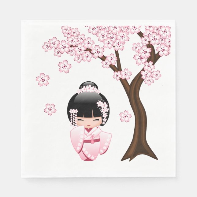 Servilleta De Papel Muñeca Kokeshi Kimono Rosa Kawaii (Anverso)