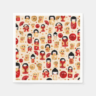 Servilleta De Papel Muñecas japonesas - Gatos Kokeshi y Maneki Neko