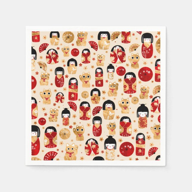 Servilleta De Papel Muñecas japonesas - Gatos Kokeshi y Maneki Neko (Anverso)