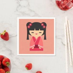 Servilleta De Papel Muñecas japonesas rosadas kokeshi