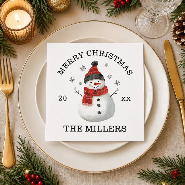 Servilleta De Papel Muñeco de nieve adorable Navidad personalizada Fie (Cute Snowman Custom Merry Christmas Holiday Napkins)