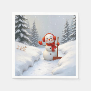 Servilleta De Papel Muñeco de nieve amistoso con una pala roja