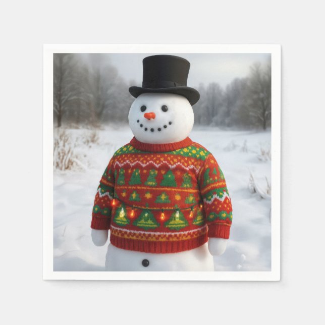 Servilleta De Papel Muñeco de nieve con un suéter feo de Navidad (Anverso)