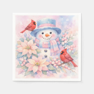 Servilleta De Papel Muñeco de nieve de acuarela pastel, poinsettia y c