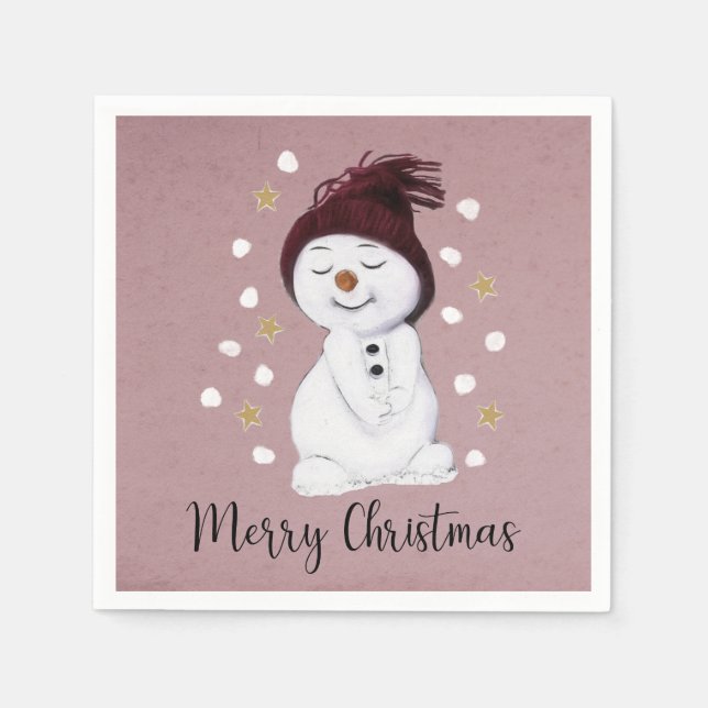 Servilleta De Papel Muñeco de nieve rosa feliz navidad (Anverso)