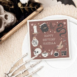 Servilleta De Papel Mystical Crystal Fortune Teller Birthday Party<br><div class="desc">Planning a fortune teller,  gypsy,  or Halloween themed birthday party? Accessorize with these spooky chic personalized napkins in a boho nature inspired color palette. Design features illustrations of a snake,  spellbook,  candle,  jar,  skull,  tarot cards,  and potion surrounding your custom text.</div>