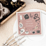 Servilleta De Papel Mystical Crystal Fortune Teller Birthday Party<br><div class="desc">Planning a fortune teller,  gypsy,  or Halloween themed birthday party? Accessorize with these spooky chic personalized napkins in a boho nature inspired color palette. Design features illustrations of a snake,  spellbook,  candle,  jar,  skull,  tarot cards,  and potion surrounding your custom text.</div>